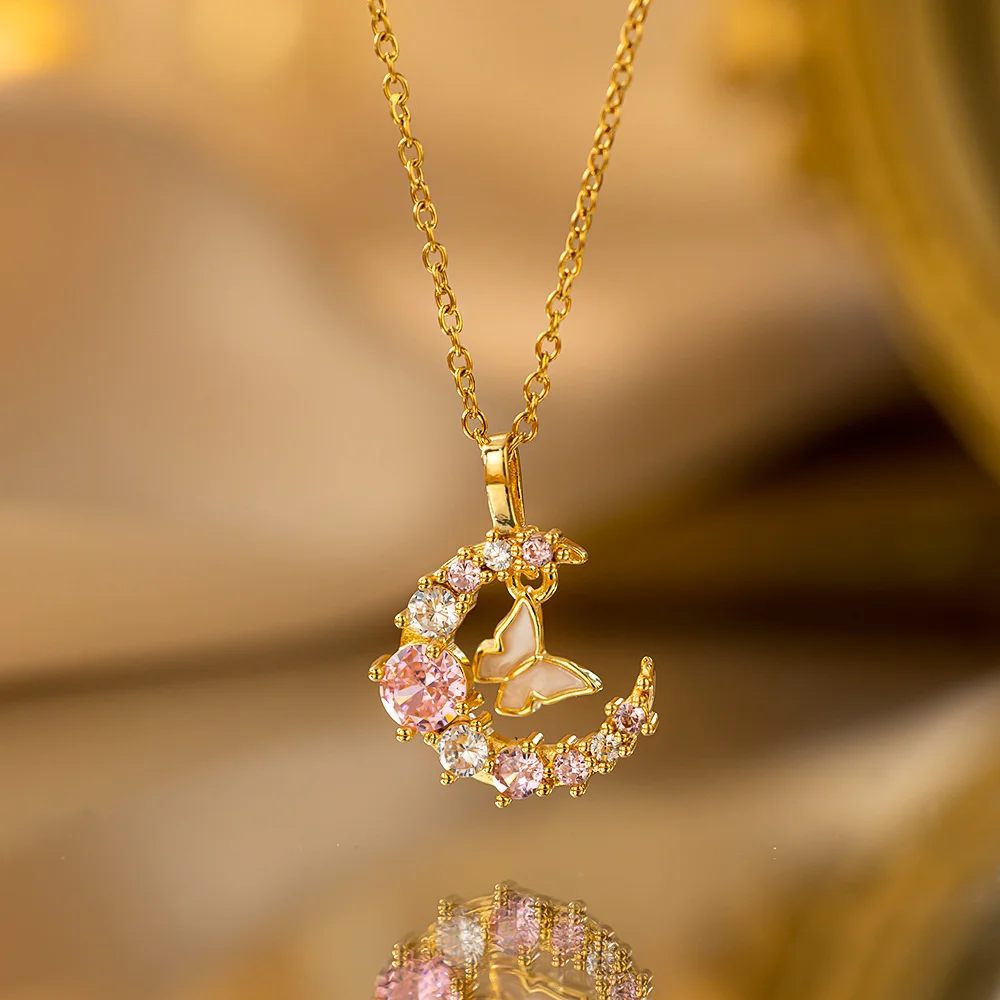 

Female Crystal White Pink Zircon Stone Moon Butterfly Pendant Necklace Vintage Gold Color Wedding Jewelry For Women