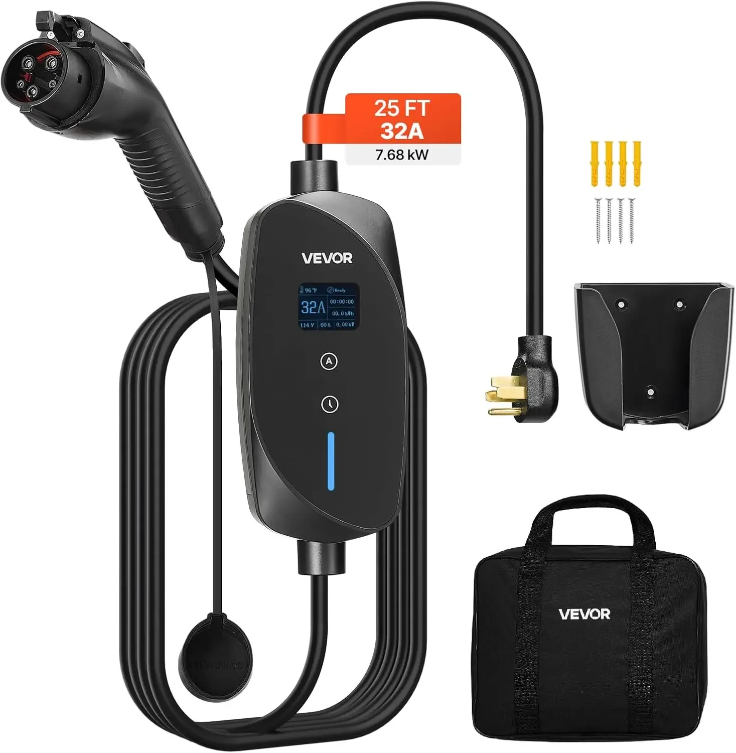 VEVOR Level 2 EV Charger, 32 Amp Adjustable Current, 240V Electric Vehicle Portable Charger with 25 ft Charging Cable, NEMA 14-5
