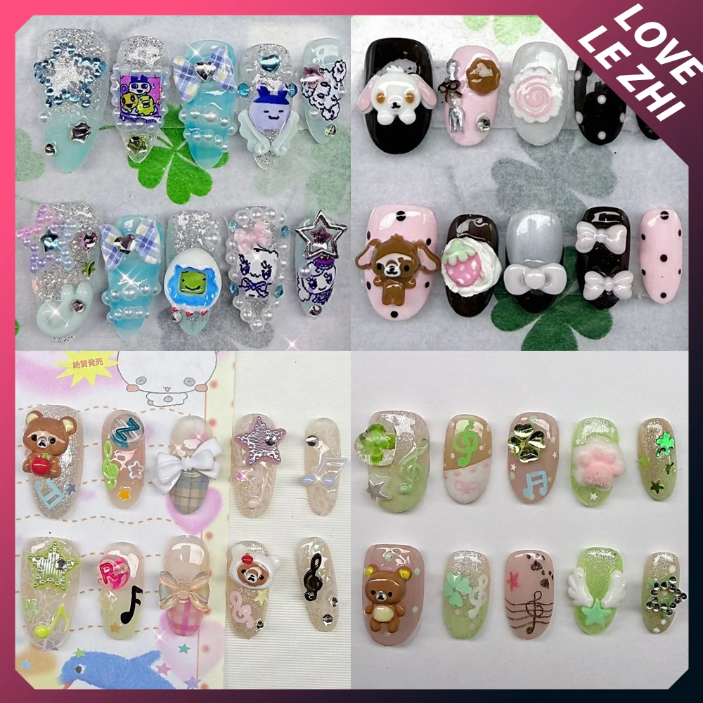 

Kawaii Rilakkuma 3D Handmade Press On Nail Art Cute Cartoon Bowknot Pearl Diamond Note Reusable Full Cover Nails Sticker Girls