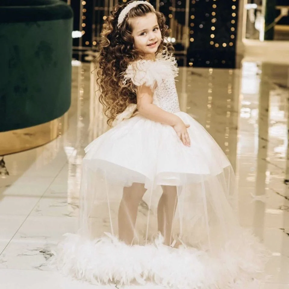 Customized Child 2-14 Years Flower Girls Dress Princess For Kid Feather Child Wedding Party  Floor Length Ball Gown Evening