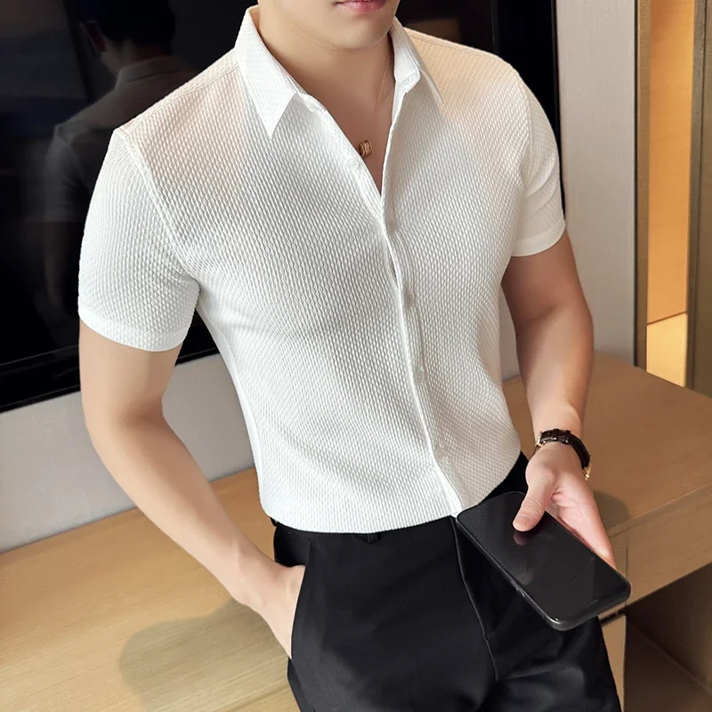 Men Waffle Shirt Short Sleeved 2024 Summer New British Style Business Non Ironing Solid Color Casual Slim Fit Shirt Men Clothing