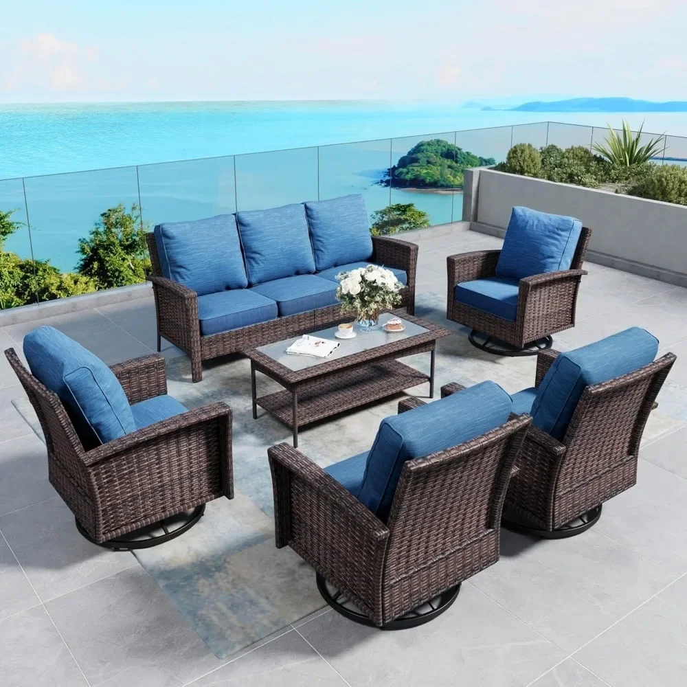 

6 Pieces Patio Furniture Set with Swivel Chairs, High Back Wicker Rattan Sofa with Extra Thick Cushion and Coffee Table