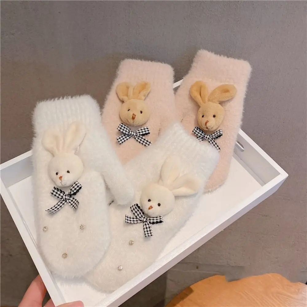 Kawaii Christmas Full Finger Mittens Women Girl Winter Snow Bow Plush Gloves Cute Bear Gloves Warm Thicken Knitted Gloves Gifts