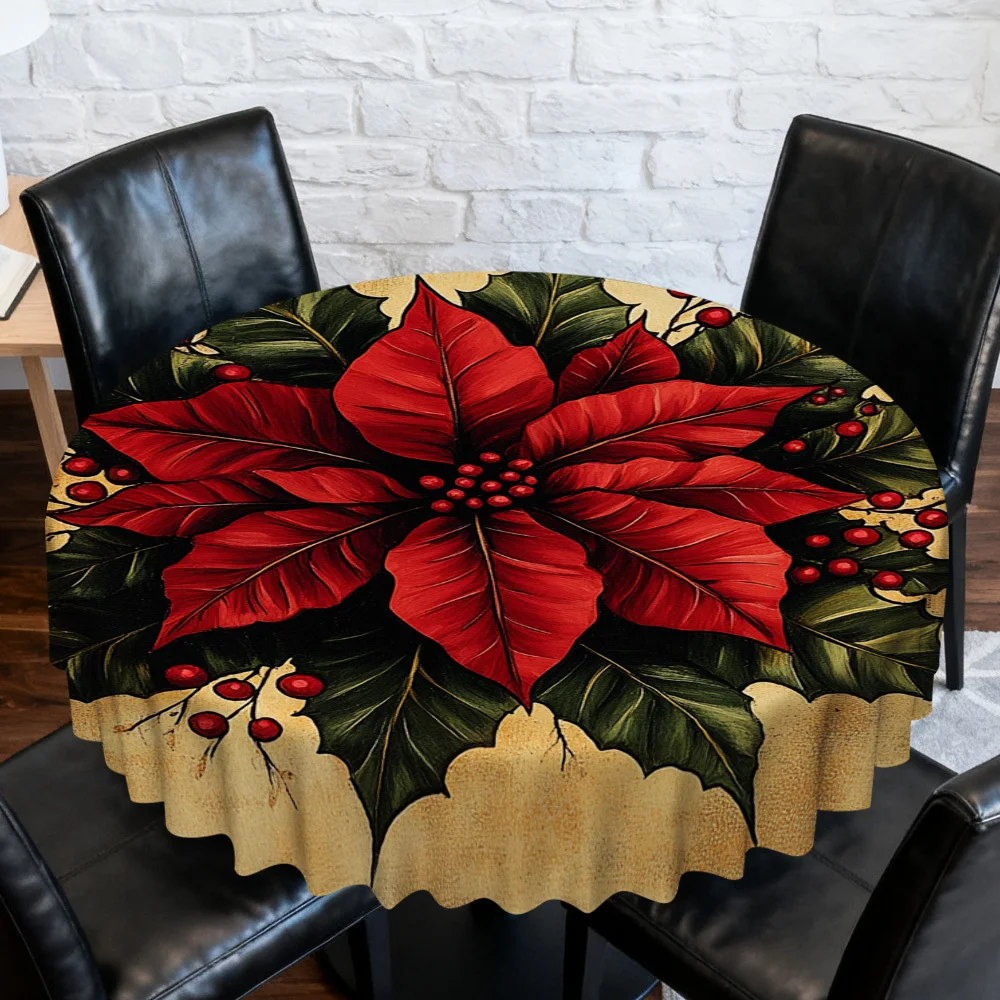1 piece, round tablecloth, Christmas daisies and holly pattern, perfect for enhancing the atmosphere of the restaurant