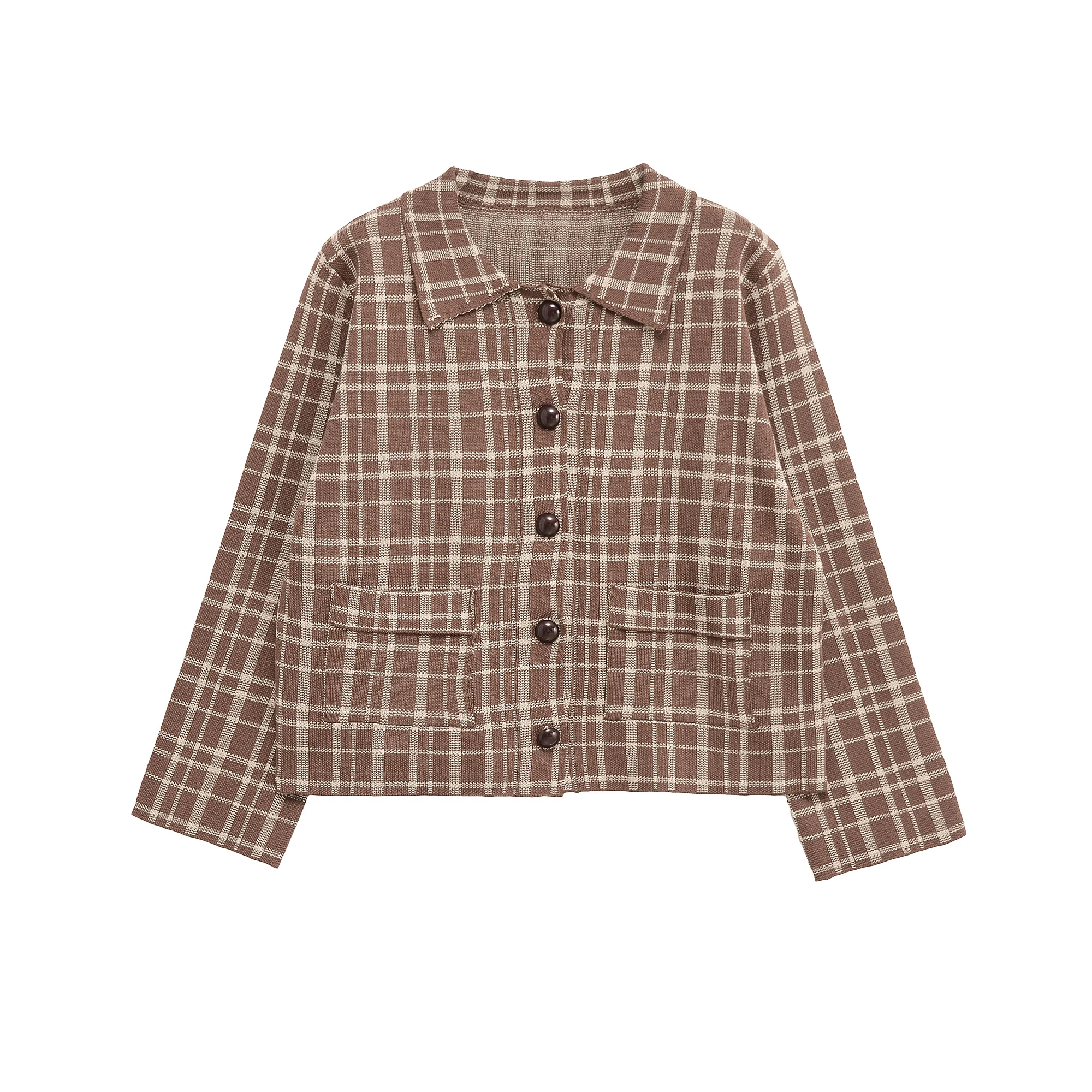 

Women's clothing autumn new products versatile casual and fashionable plaid lapel quarter sleeve knitted jacket