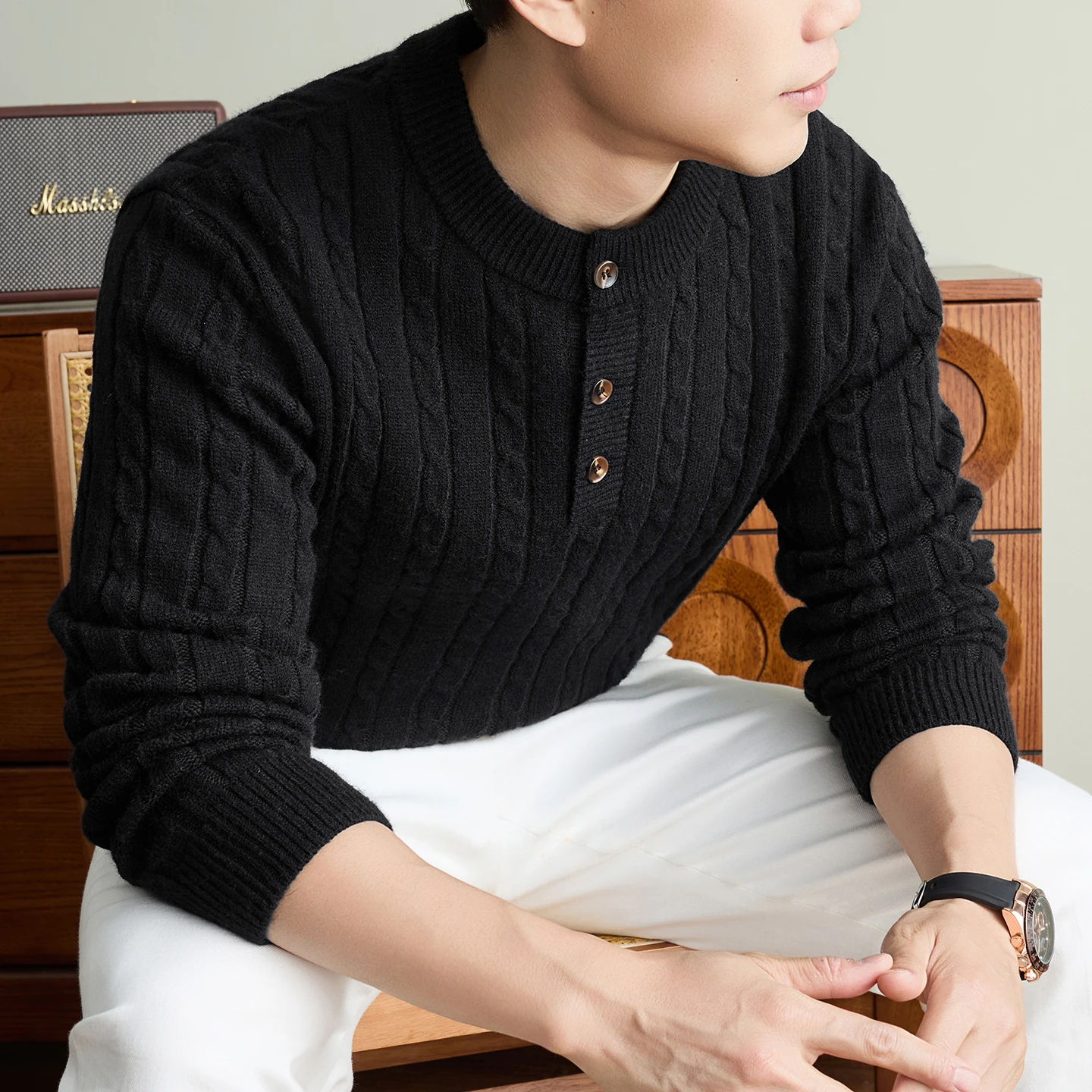 Luxury fashion men's sweater high-quality soft comfort new knitted solid color jacquard winter casual button round neck pullover