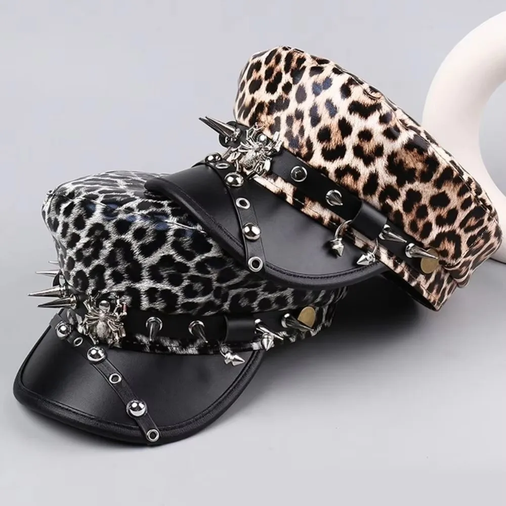 

New Spice Girl Style Riveted Flat Top Cap Spider Hoop Punk-style Small Beret Y2K Leopard Print PU Leather Captain Caps