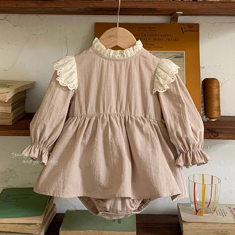 

2025 New Autumn 0-24M Children Clothes Korean Style Climbing Suit Long Sleeved Cotton Lace Splicing Toddler Baby Girl Romper