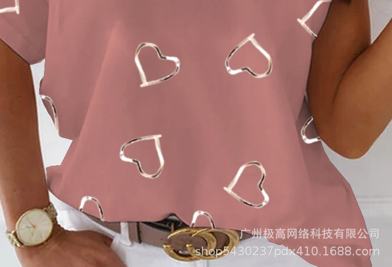 ผู้หญิงรักหัวใจพิมพ์สายแขนสั้นเสื้อแฟชั่นฤดูร้อน T เสื้อ Tee