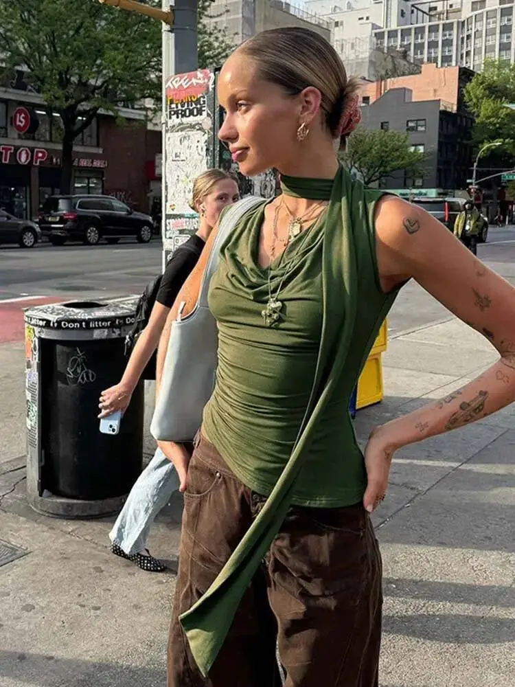 

Женский летний Y K нерегулярная лента с лямкой на шее, модный узкий укороченный топ, сексуальная уличная одежда, клубный жилет с открытыми плечами, топы на бретелях