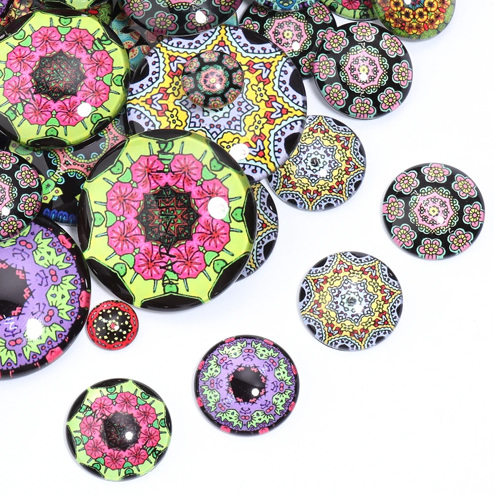 

10Pcs Colorful Pattern Glass Cabochon Beads 10-35mm Round Flatback Glass Cameo for DIY Jewelry Making Ring Necklace Findings