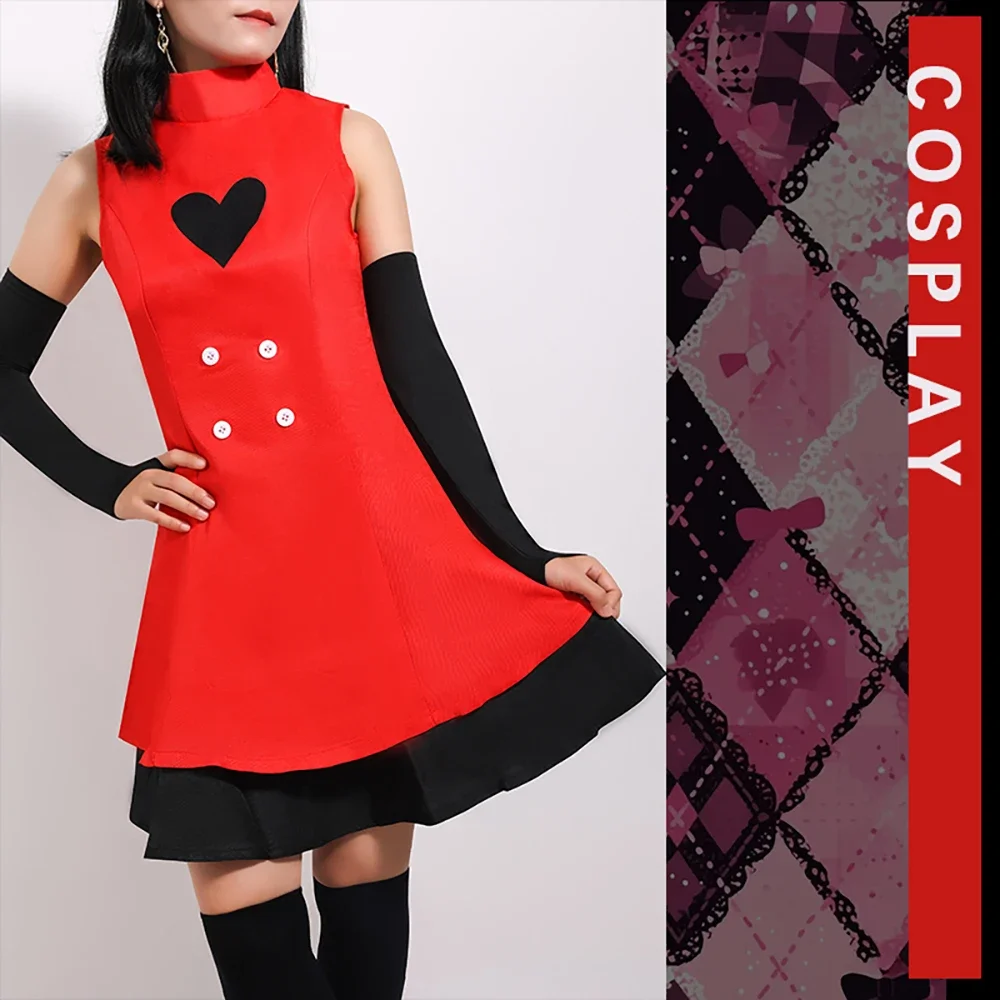 Anime Hazzbin Cosplay Costume d'Halloween pour filles adultes, perruque rouge, queue de corne, jupe en fibre sexy