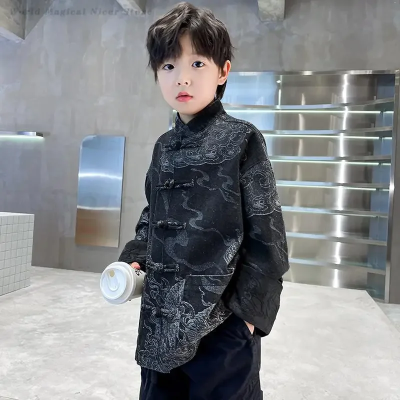 Китайский костюм Тан для мальчиков, детское пальто ханьфу, традиционная новая куртка в китайском стиле, топ Ципао на пуговицах, рубашка для взрослых, одежда Kong Fu
