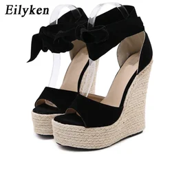 EilyKen-Sandalias de Punta abierta con nudo de mariposa para mujer, zapatos de cuña de tacón alto con plataforma sólida, con cordones en el tobillo, para verano, 2024