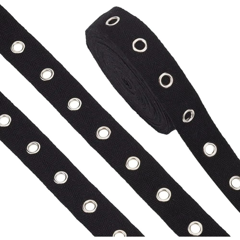 1Set 6.25 Yards Cotton Grommet Tape Eyelet Tape 1inch Wide Black Eyelet Grommet Tape Twill Tape with Silver Eyelet for Sewing