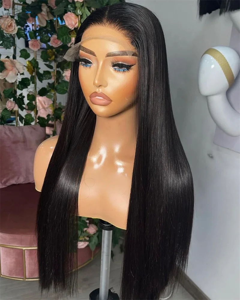 Perruque Lace Front Wig synthétique lisse sans colle, 26 pouces, densité 180, noire naturelle, pour femmes, avec Baby Hair, lisse, préplumée, 03/3