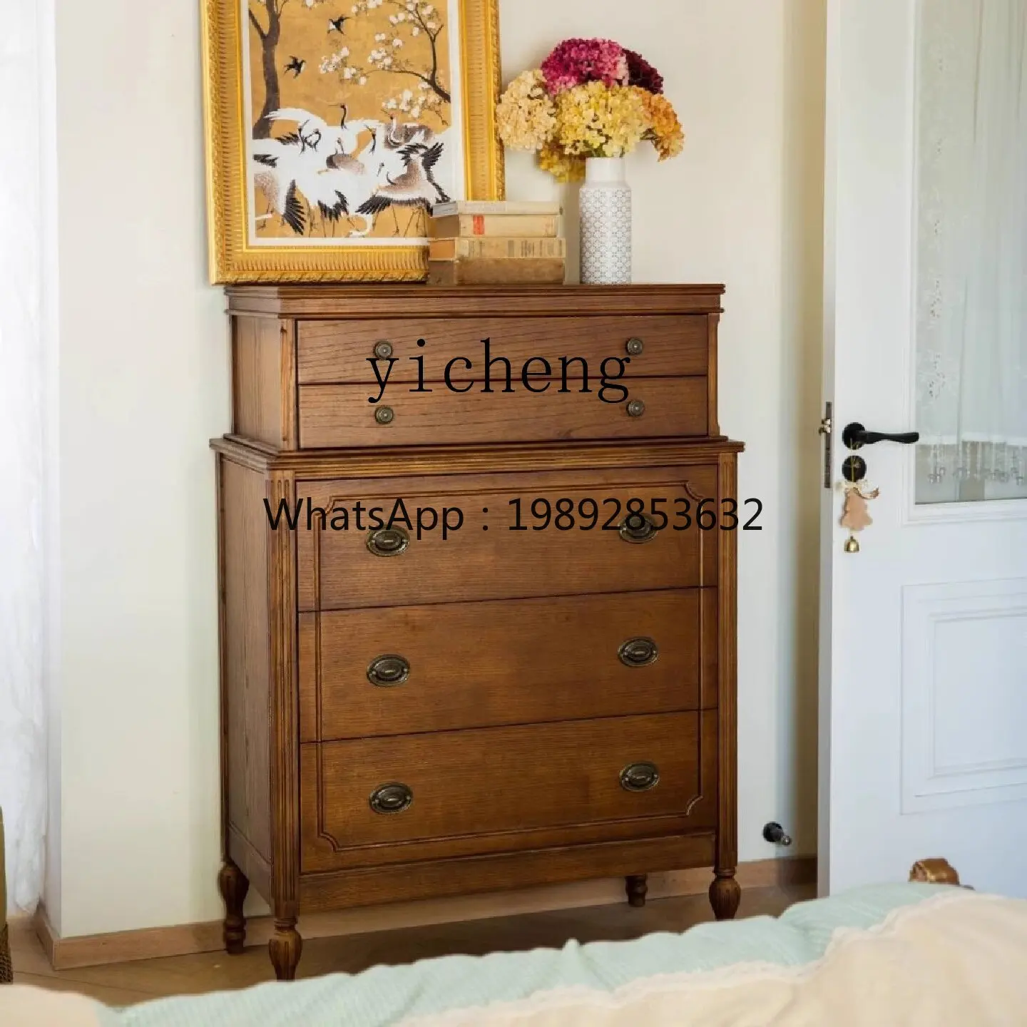 YY French Retro Five-Drawer Cabinet Solid Wood Decorative Cabinet Bedroom Storage Vintage Style Sofa Side Cabinet