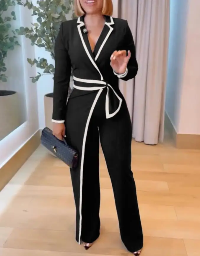 Women's Elegant Notched Collar Long Sleeve Button Front Jumpsuit Female Casual Cinched Waist Wide Leg Faux Two-Piece Jumpsuits