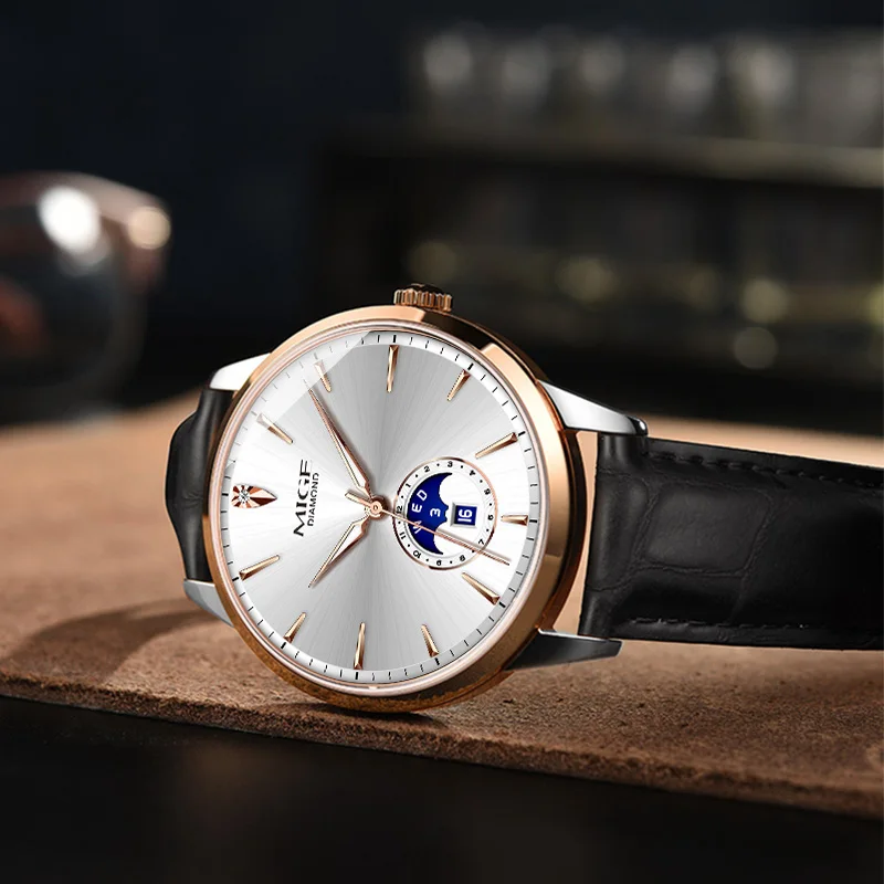 MIGE Original Men's Mechanical Wristwatch Moon Phase Luminous Waterproof Stainless Steel Gift Watch for Men reloj para hombre