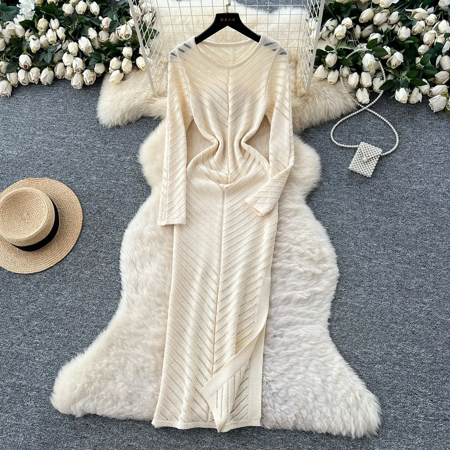 

Dress Women Long Dresses Bodycon Vestidos Round Neck Full Sleeve Elegant High Waist Y2k Streetwear Knitted Hollow Out 2025