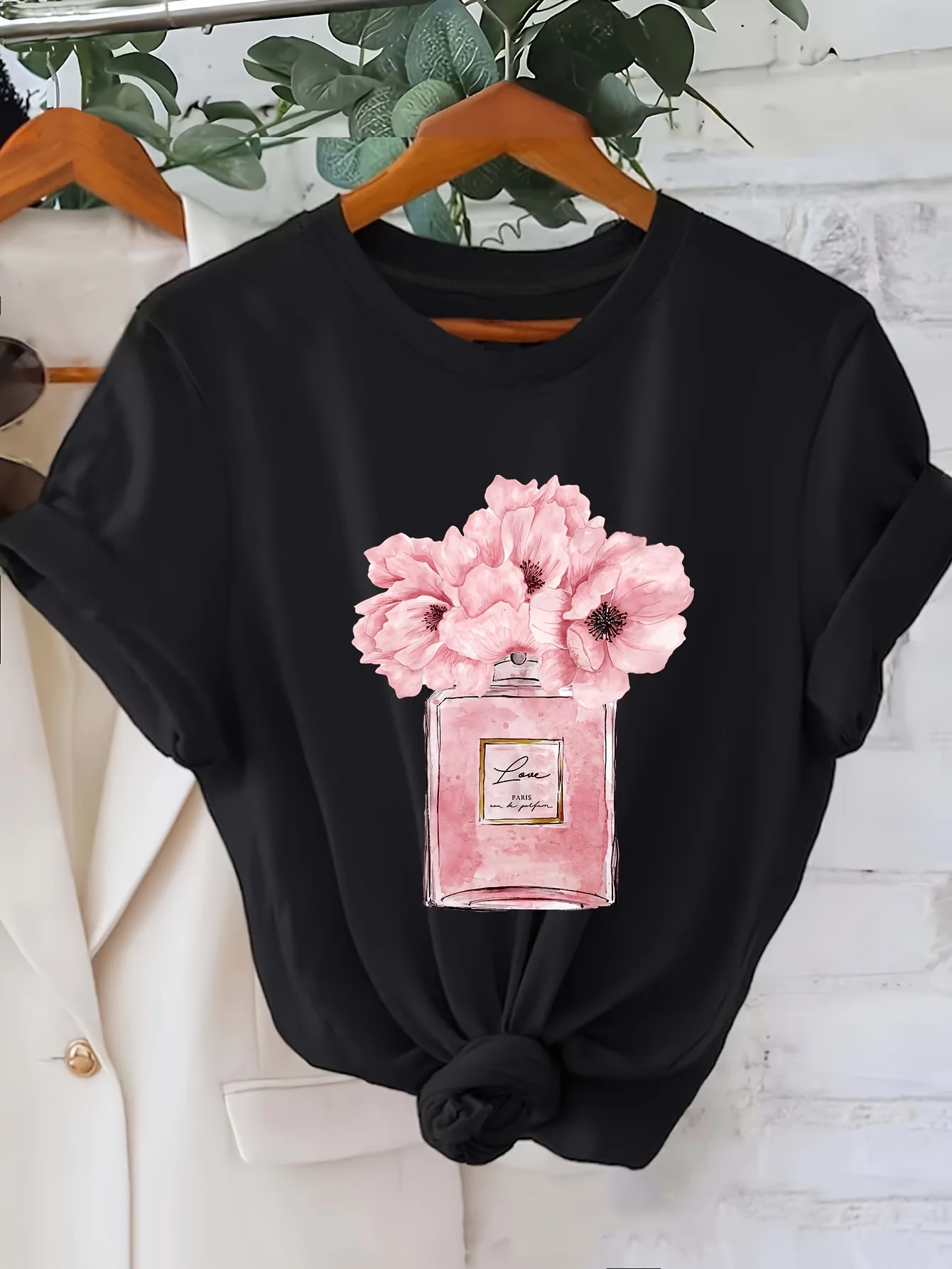 Damska koszulka z kwiatowym nadrukiem Paris Flower Design Casual Crew Neck Short Sleeve Top All Season Wea shirts for women y2k top