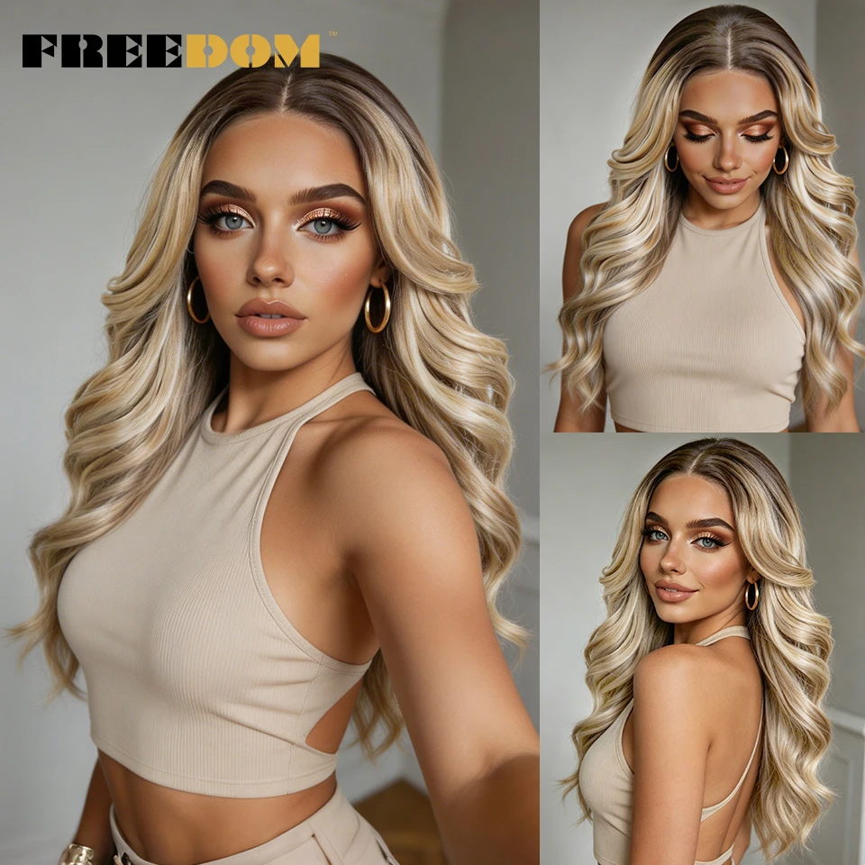 

FREEDOM 13x4 Free Part Body Wave Synthetic Lace Front Wigs For Women 20" Ombre Brown Highlight Daily Party Wigs Heat Resistant