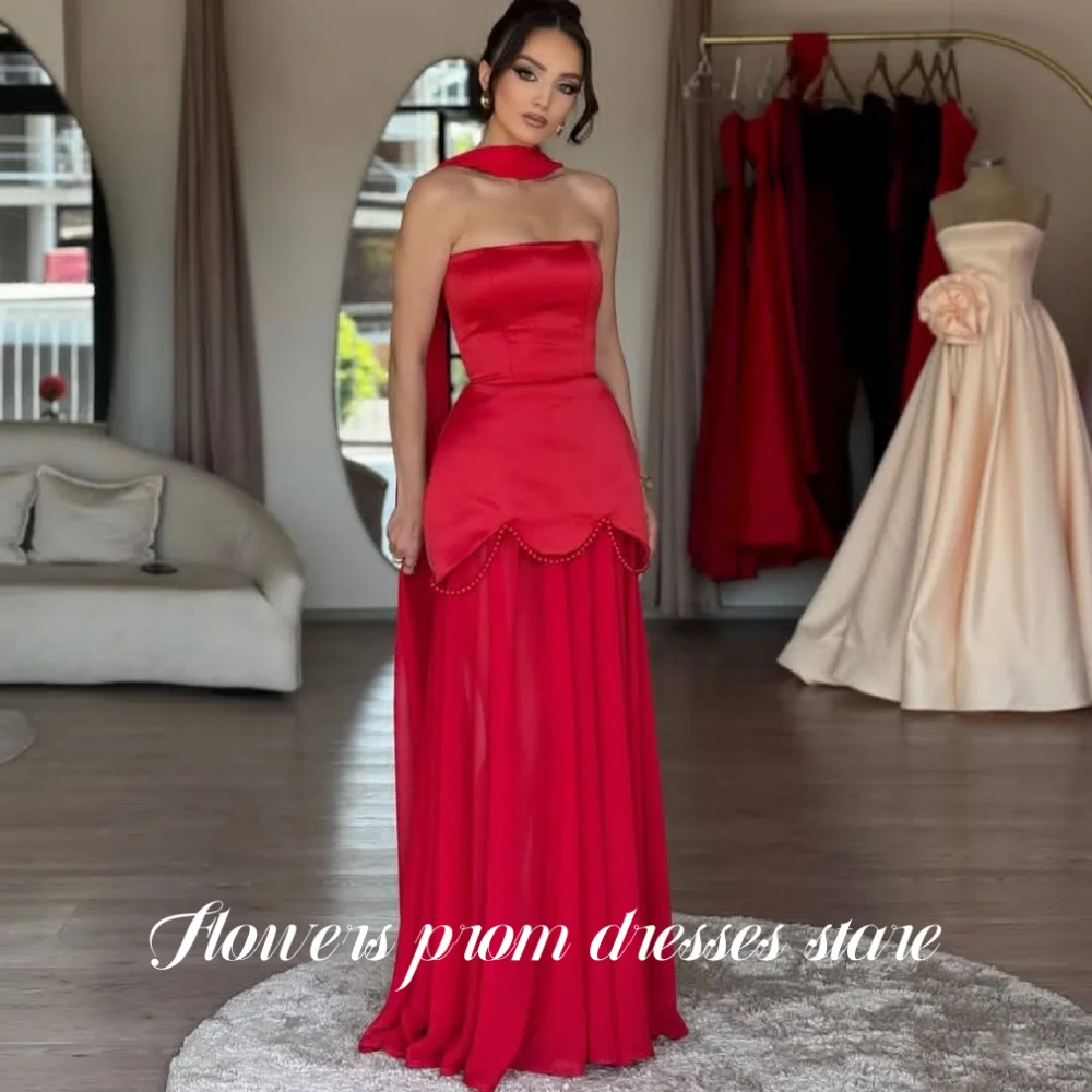 

Flowers Red Sleeveless Prom Dress A Line Party Dress Strapless Pleats Evening Dress with Scarf Gala Chiffon Dresses Customized