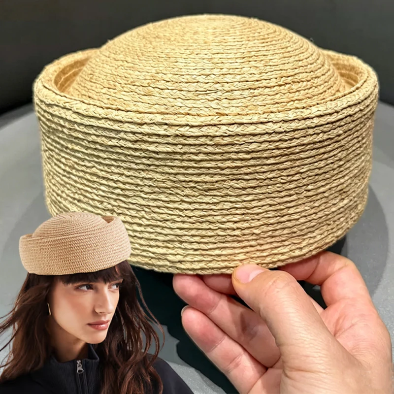 2026 Retro French Style Rafi Straw Hat No Brim Round Top Elegant Small Pillbox Hat European Fashion High End for a Vacation Look