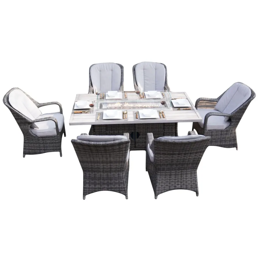 

Direct Wicker Patio Fire Pit Dining Set 6Seat Rectangular Aluminum Table with Rattan Chairs