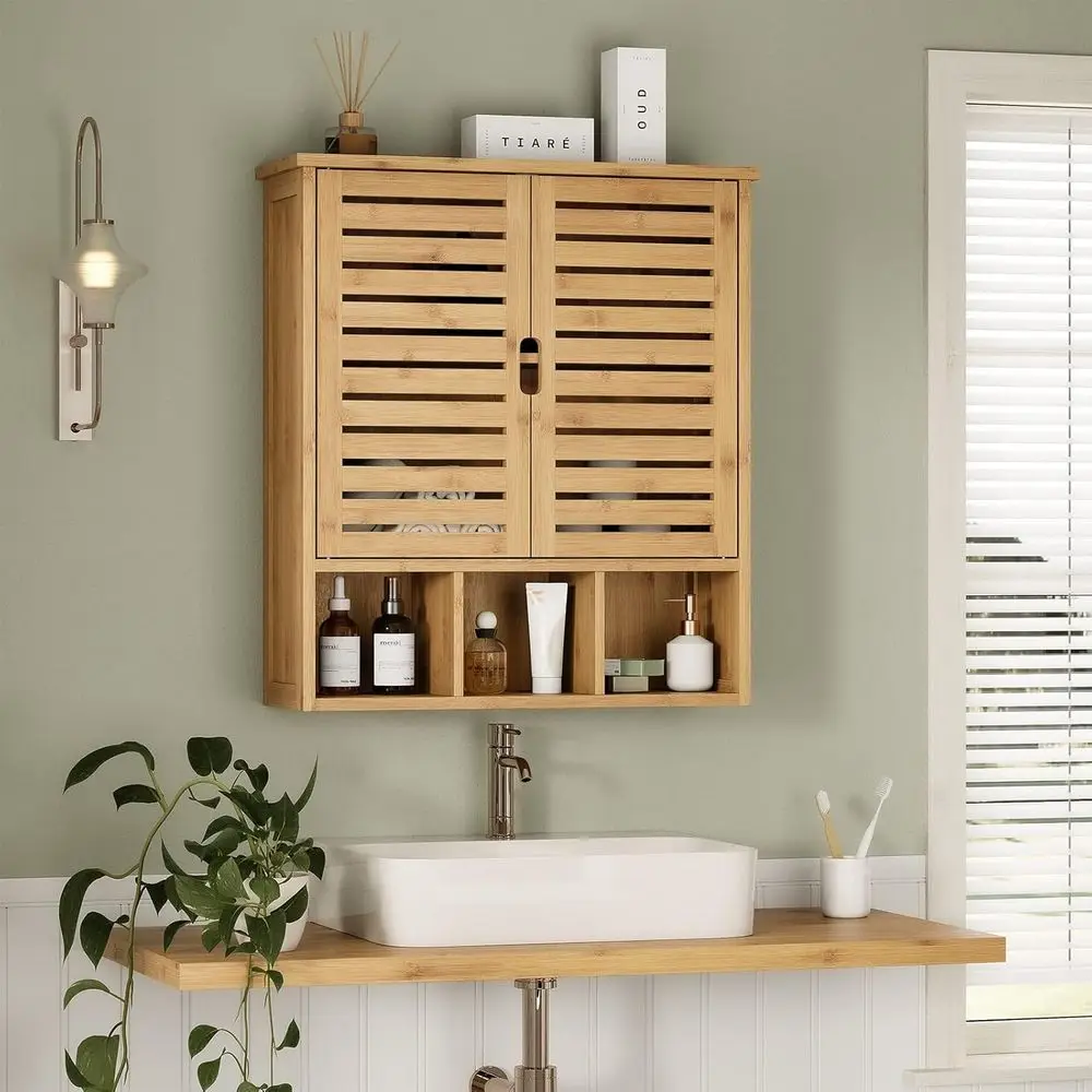 Over-the-Toilet Bamboo Storage Cabinet with Door and Adjustable Shelves