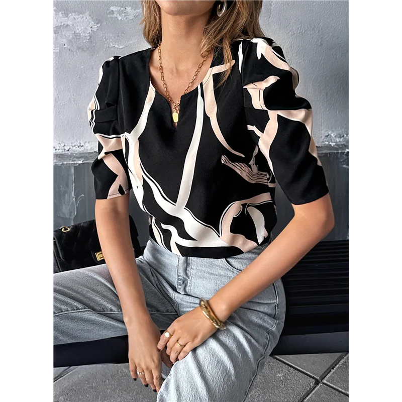 

【SEE】Женский топ с баской и принтом для женской блузки с развевающимися рукавами и эластичным V-образным вырезом