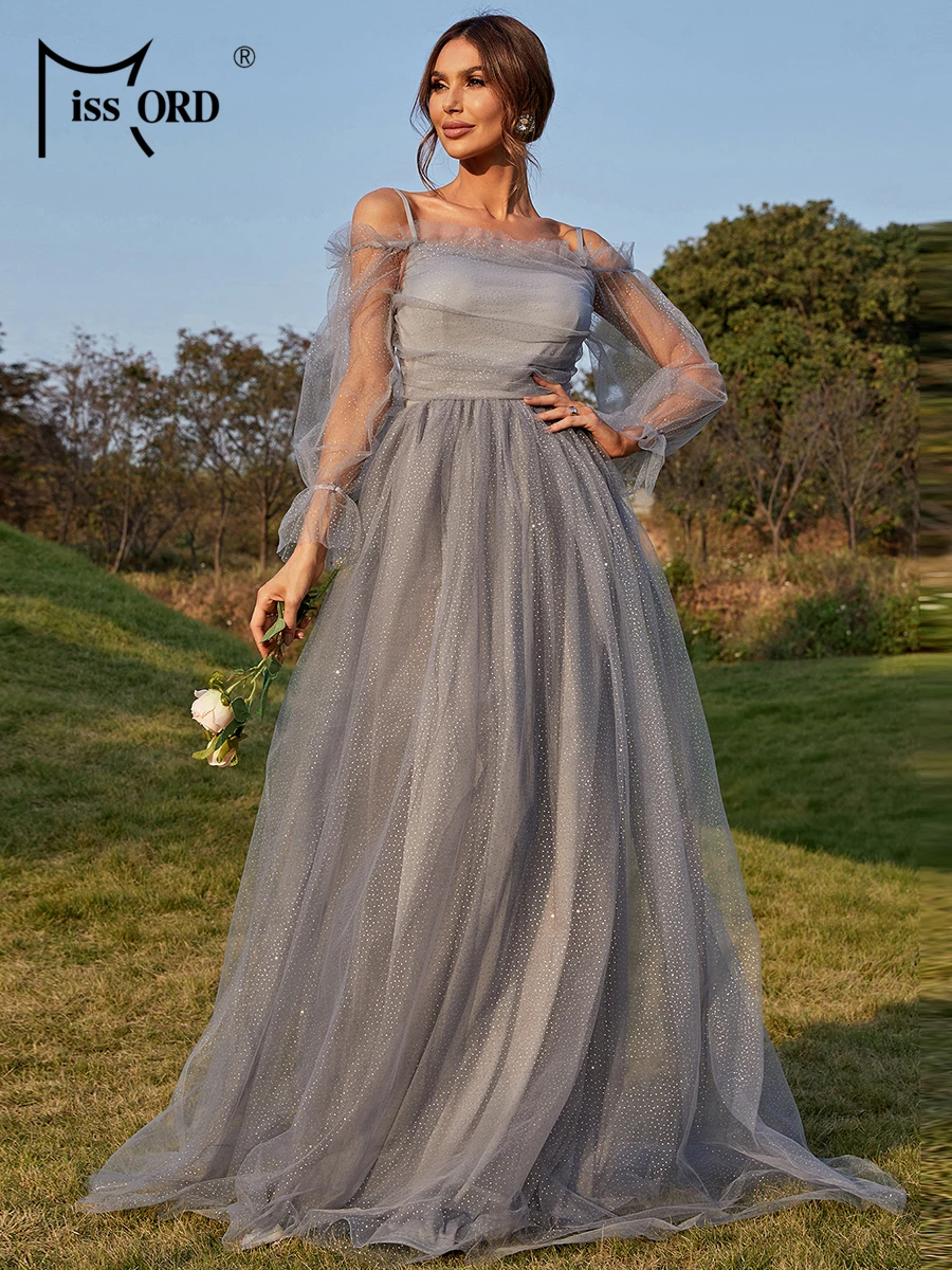 

Missord Elegant Grey Dot Print Tutu Dress Women Spaghetti Strap Lantern Sleeve A-line Party Evening Dresses Long Prom Ball Gown