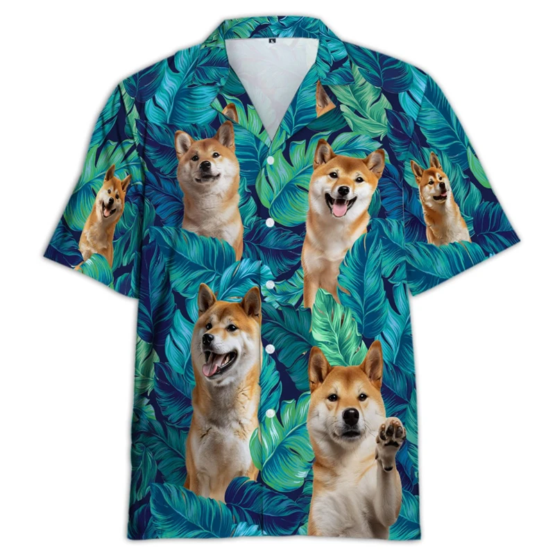 3D Print Cute Dog Graphic Beach Shirts Shiba Inu Hawaiian Shirt For Men Short Sleeve Large Size Button Up Vacation Tee Shirt