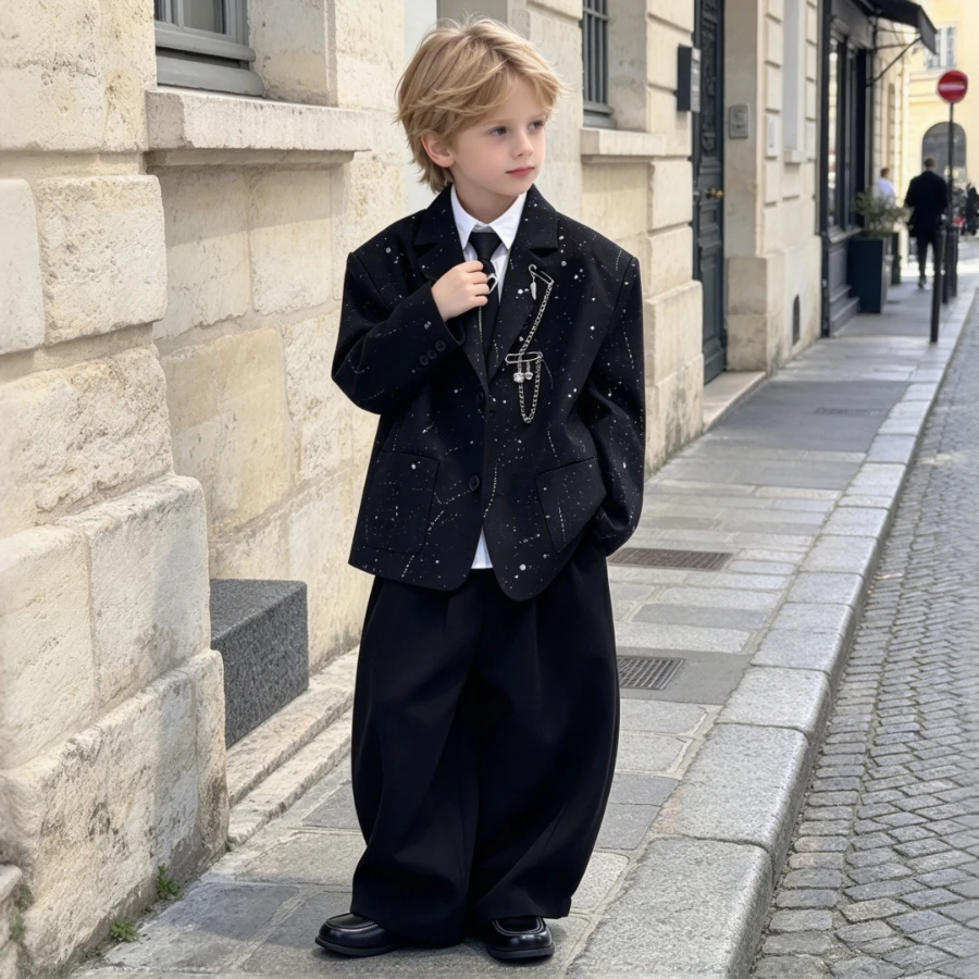 Kids Boys Suit Set Black Sequin Blazer Wide Leg Pants Children Wedding Flower Boy Performance Formal Outfit Spring Fall 2-14Y