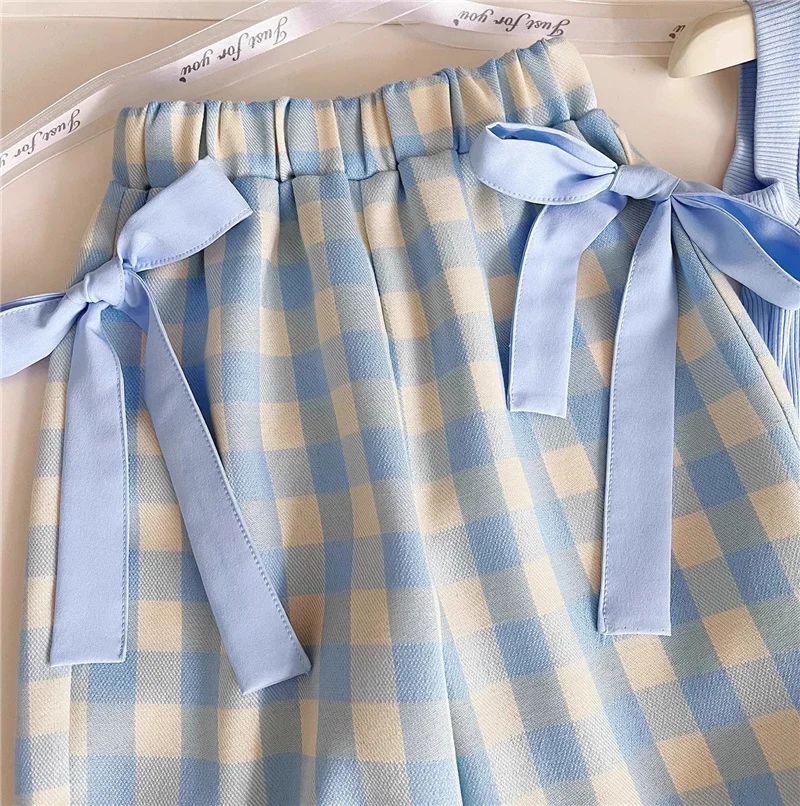 Girls Sleeveless Sets Children's Clothing Solid T-shirt +Plaid Pants + Bag 3Pcs Suits Baby Fashion Knotbow Outfits 2-8 Years