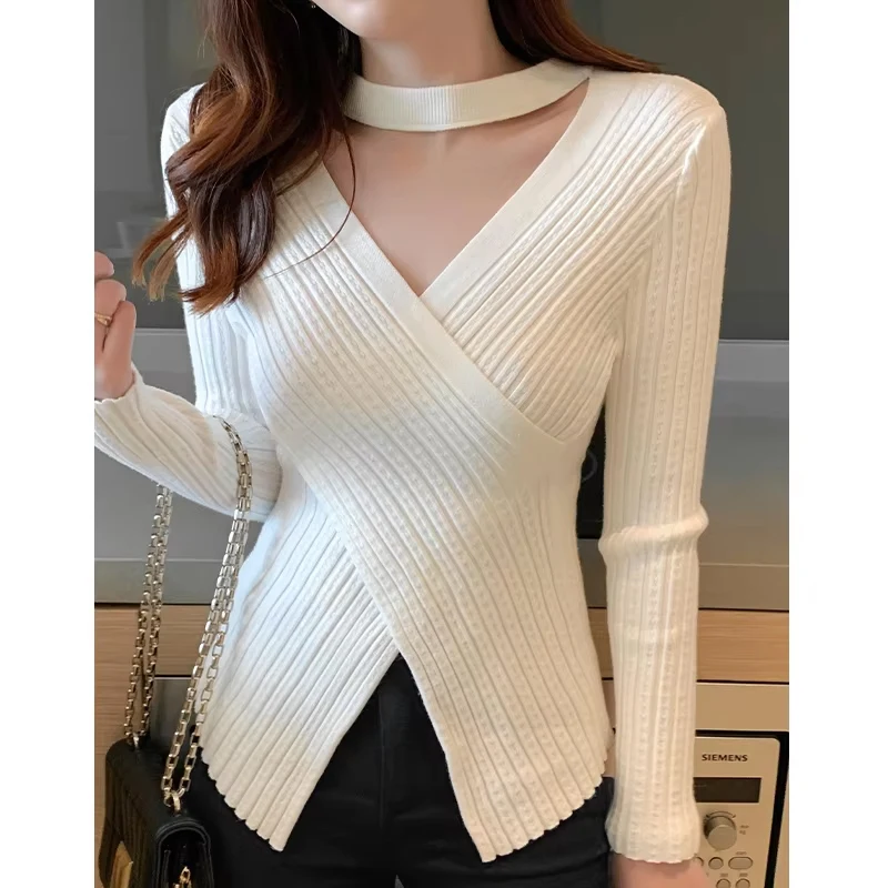 2025 outono elegante senhora do escritório fino ajuste pulôver camisola casual cor sólida malhas moda com decote em v cruz design camisola 9138