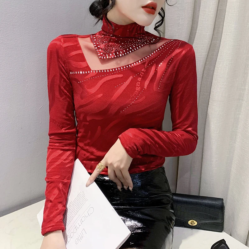 Autumn Winter New Mesh T shirt Fashion V-Neck Diamond Shirt Slim Fit Half High Collar Long Sleeve Women Tops