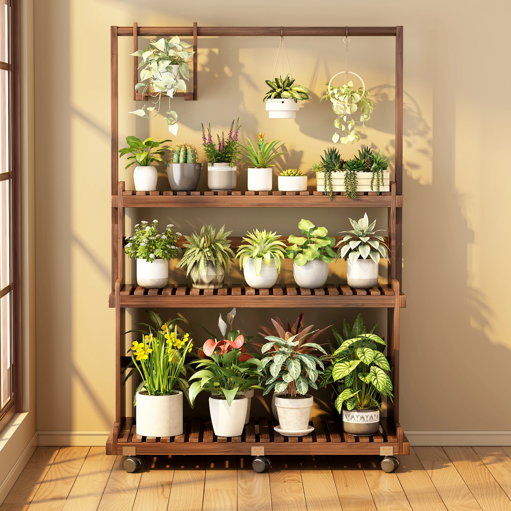 Solid wood flower stand Balcony rack Floor to ceiling Movable living room Succulent hanging basket flower stand Large capacity