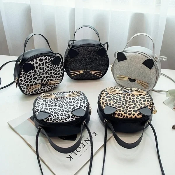 2023 Autumn New Korean Leopard Cat Small Round Bag Single Shoulder Oblique Cross PU Women\'s Bag Mobile Zero Wallet