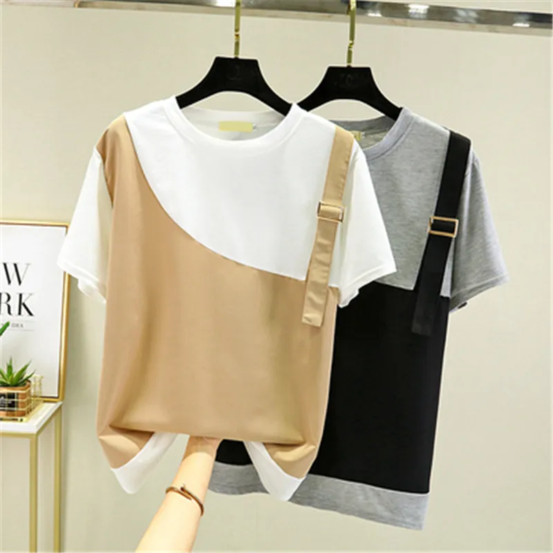 

Large size women's T-shirt 2022 summer new loose stitching fake two-piece casual slimming short-sleeved T-shirt A886