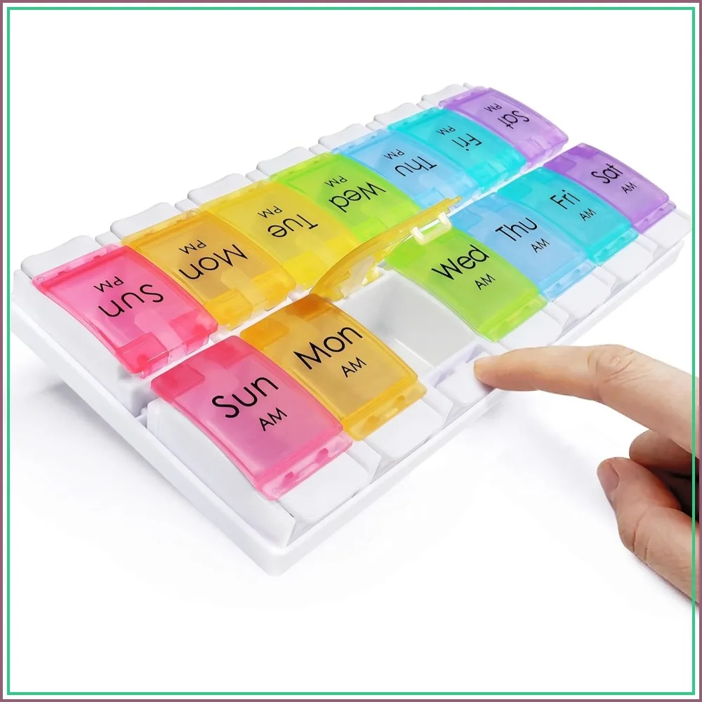 Large 7 Day Pill Organizer, AM PM 2 Times a Day, 14 Compartments, Easy Push Button for Vitamins & Supplements