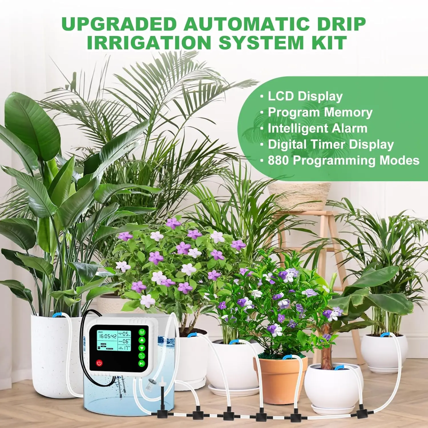 Kit de Riego Automático Inteligente con Pantalla LED Digital, Controlador de Riego Temporizado, Sistema de Microirrigación Portátil para Flores en Maceta, Vegetales, Invernadero y Jardín