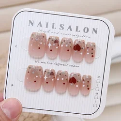 10Pcs Women Cats Eye Handmade Press On Nails Peach Hearts Sweet Cute Detachable Nail Patches Short T Short Ballerina False Nails