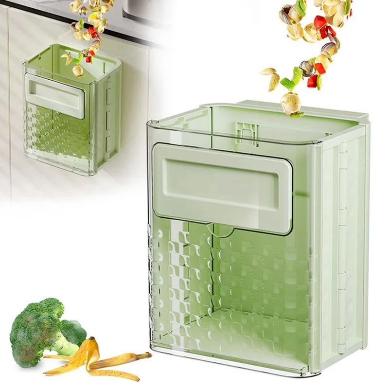 Kitchen Wall-Mounted Trash Can Foldable Hanging Household High-Value Trash Can Cabinet Hanging Trash Can, Durable Light Green