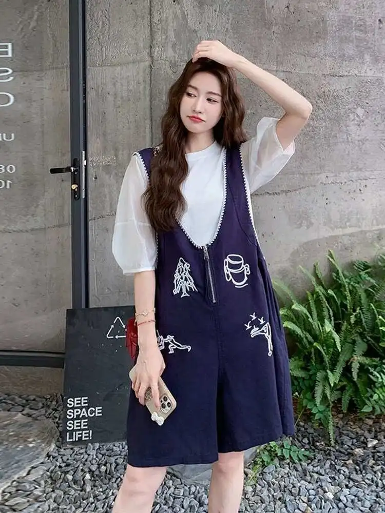 

Корейский Sle, летний новый удобный повседневный комбинезон с тяжелой вышивкой, женский комплект Rer ort Sve round Ne