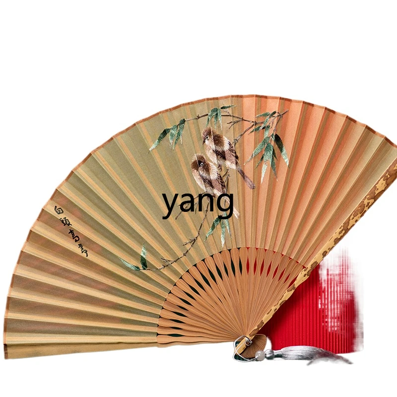 LXL Ancient Style Suzhou Embroidery Chinese Style Folding Fan Embroidery Circular Fan Silk Fan Portable