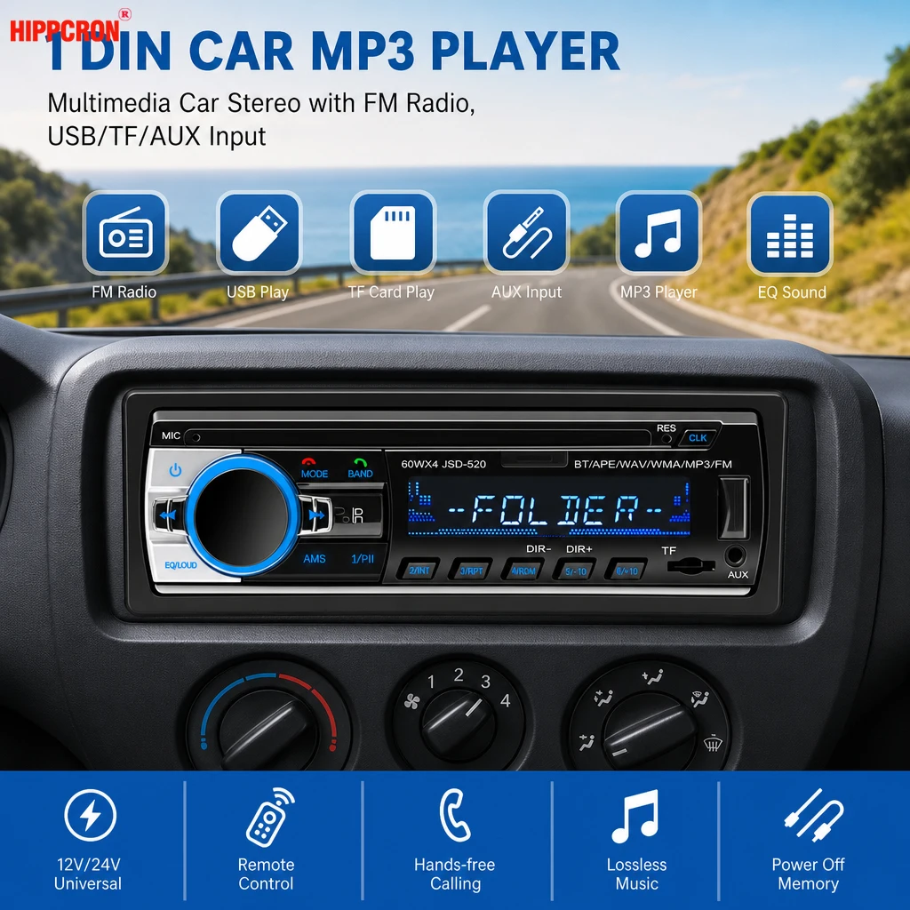 HIPPCRON 12V/24V Autoradio 1DIN Stereo Digital Bluetooth5.1 MP3-Player 60Wx4 FM-Radio Audio Musik Einbau Schnellladung LKW AUX