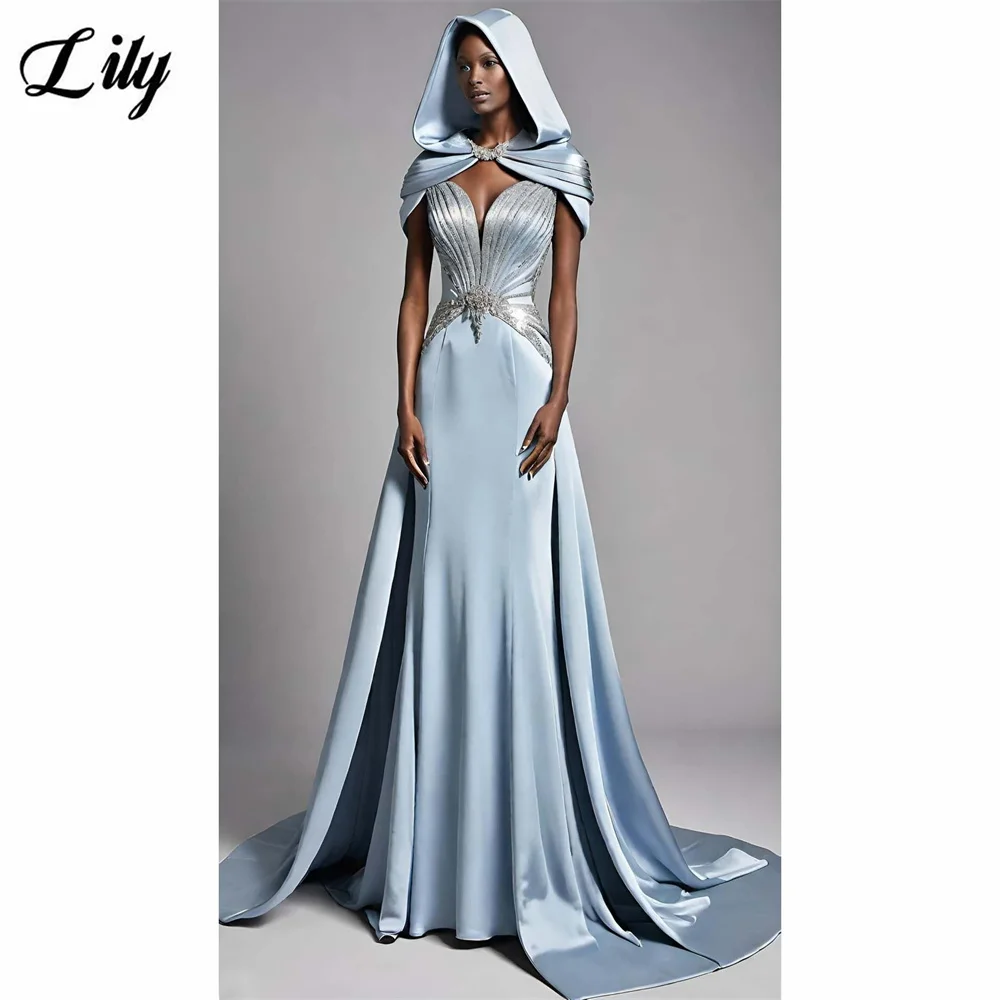 

Lily Light Blue Satin Evening Gown Off the Shoulder Prom Dress Beading On Chest Wedding Evening Dress robes de soirée Customized