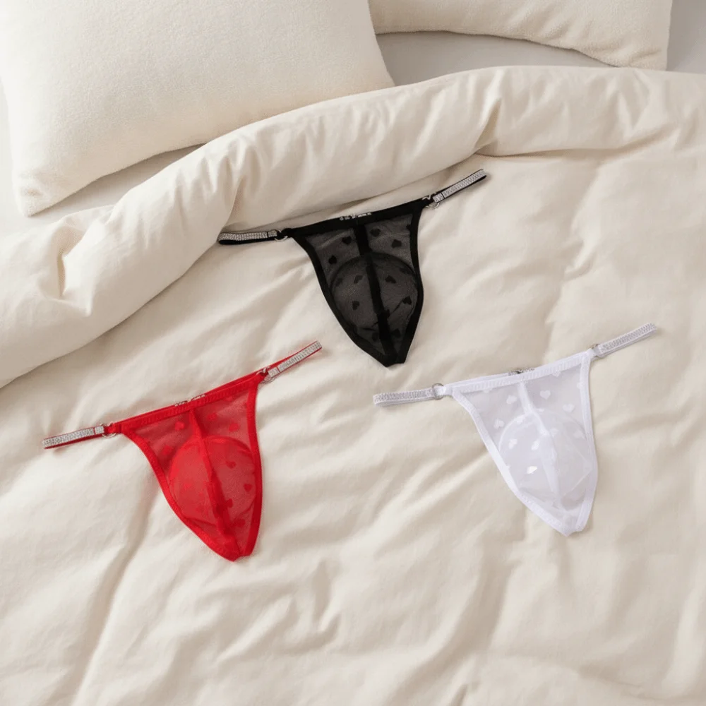 Thin Mesh Men Hollow Thongs Low Waist Love Heart Print Male Transparent Briefs Underpants Lingerie Men's Sheer Panties Summer