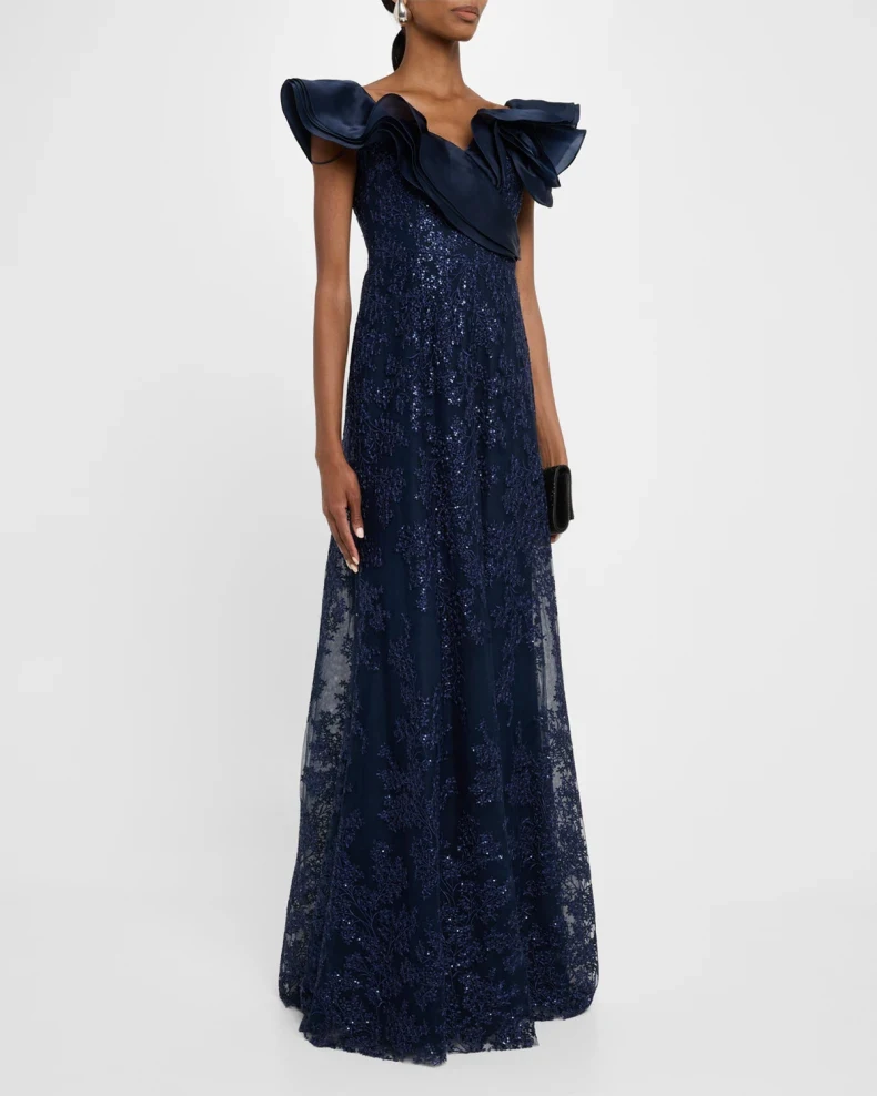 

Customized Fashion Charmeuse Applique Sequined Pleat A-line Off-the-shoulder Long Dresses Bespoke Occasion Dresses Retro Formal